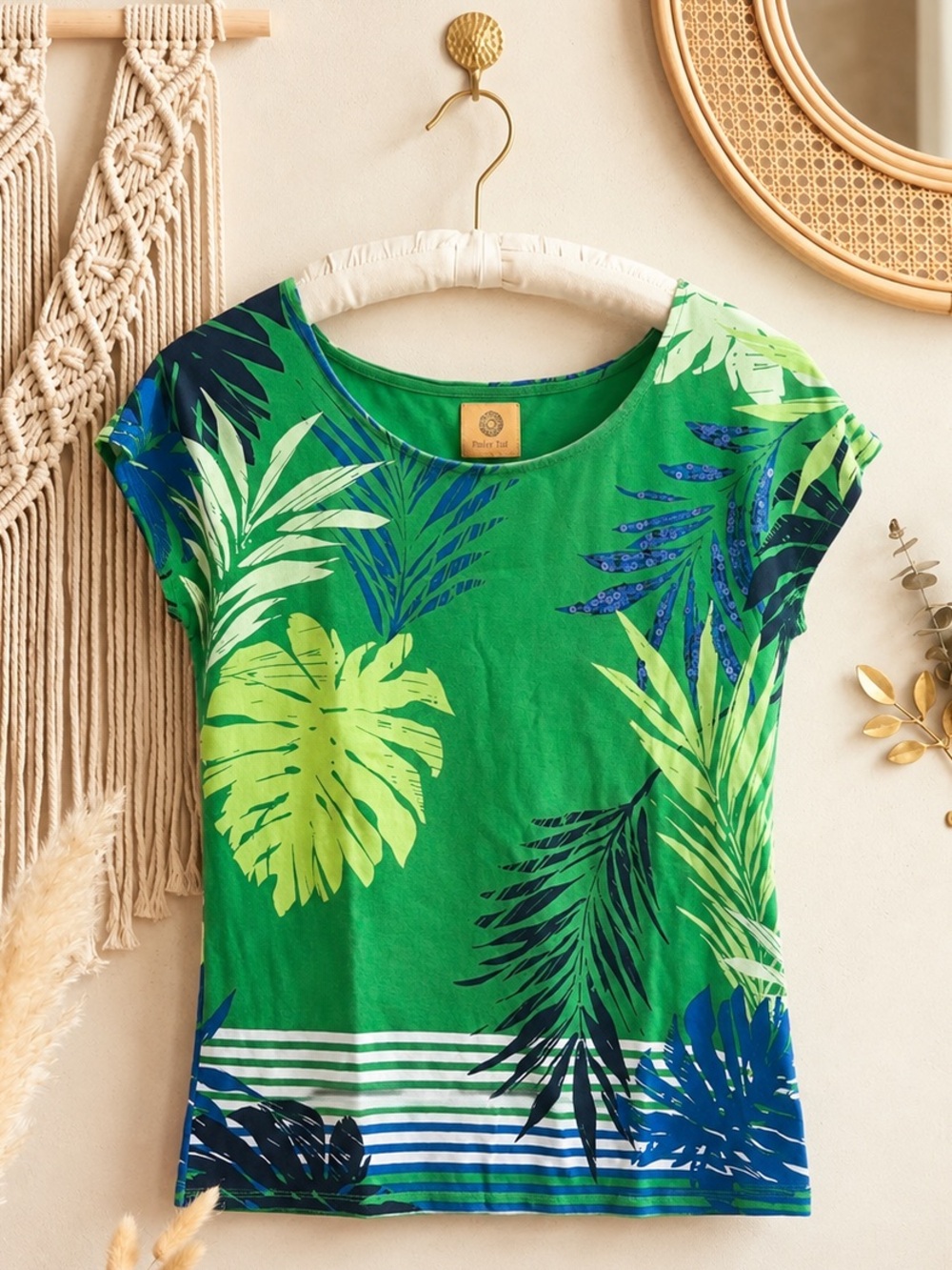 Ruby Rd. Bright Green Tropical Print Tee with Blue Sequins
